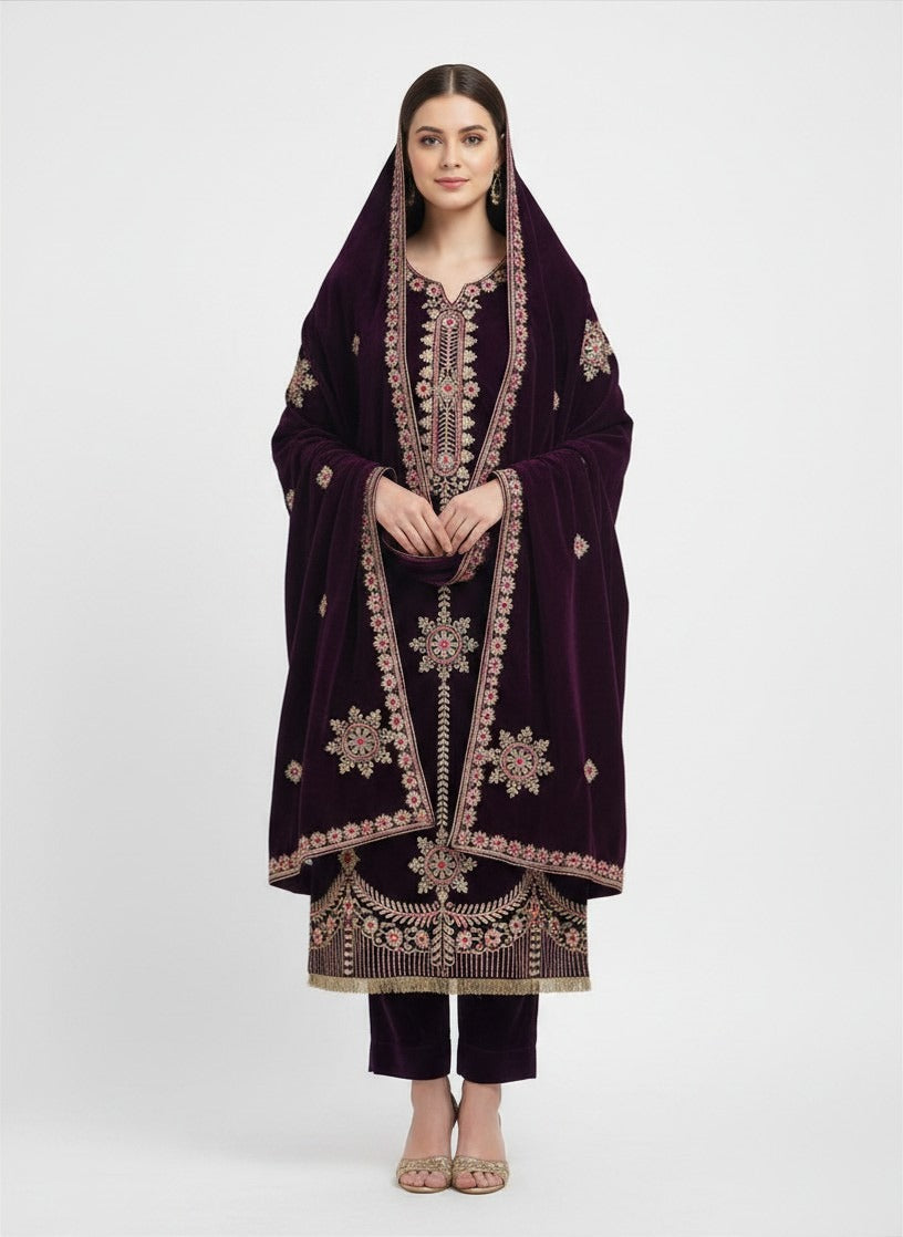 Elegant Royal Purple Velvet Embroidered Salwar Suit