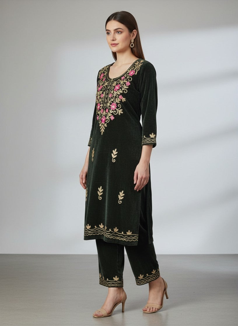 Dark Green Velvet Embroidered Salwar Suit
