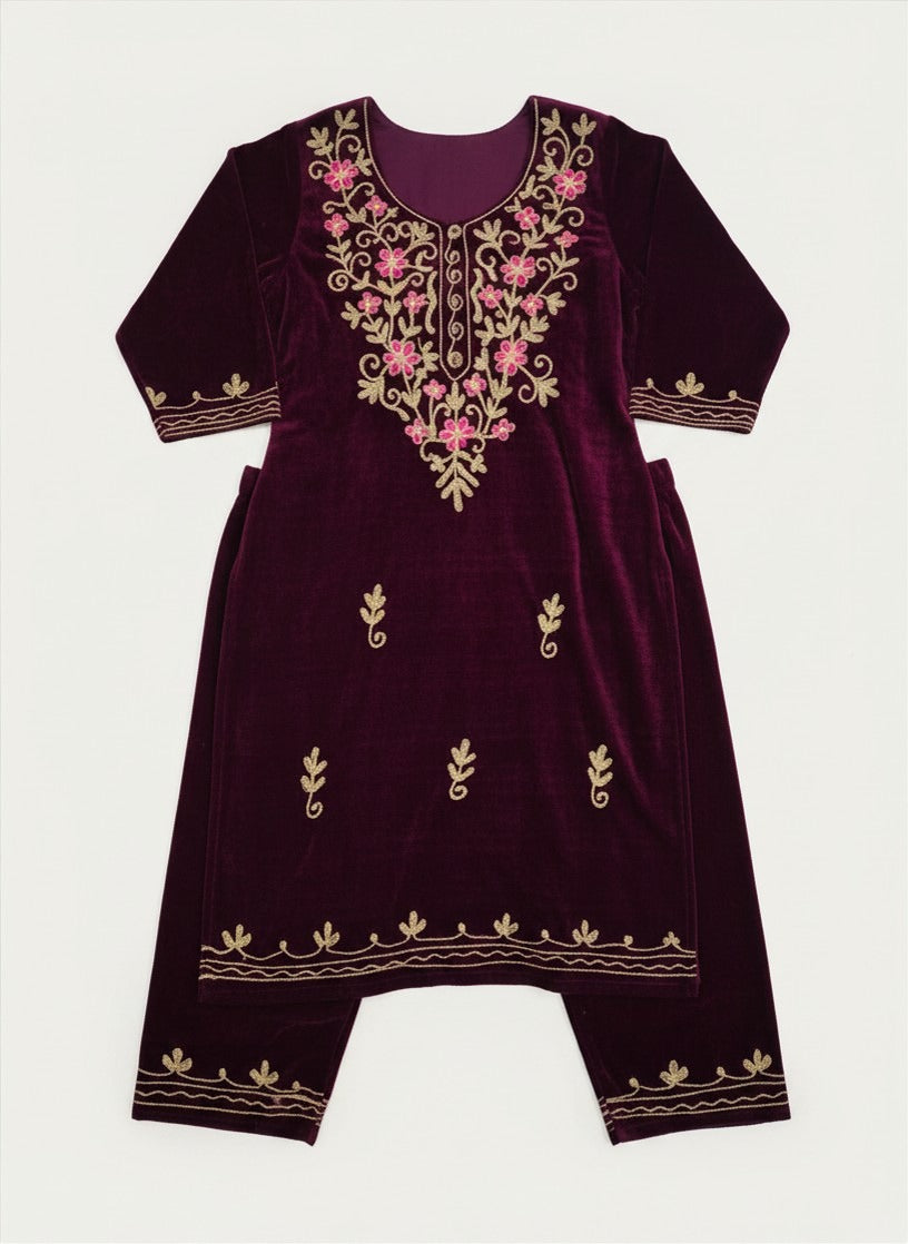 : Maroon Velvet Embroidered Salwar Suit 2 PC SUIT