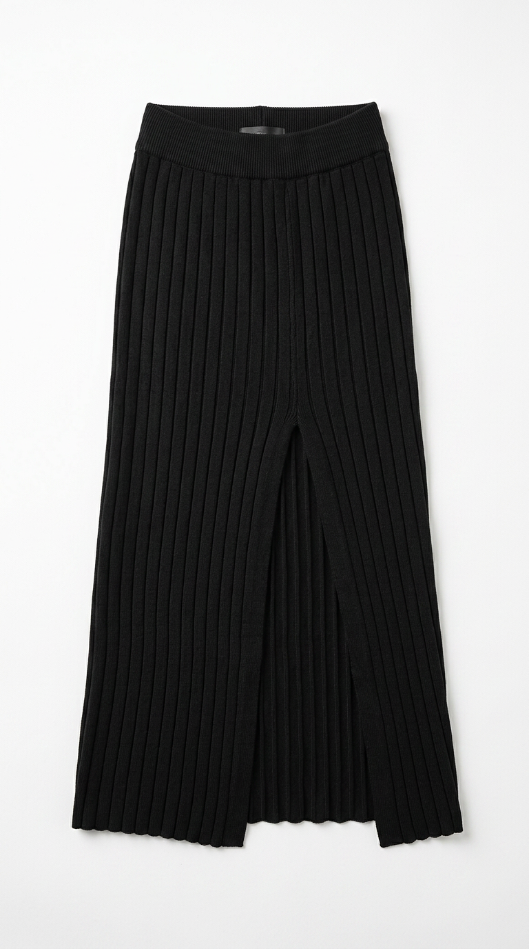 Black Ribbed Knit Midi Skirt