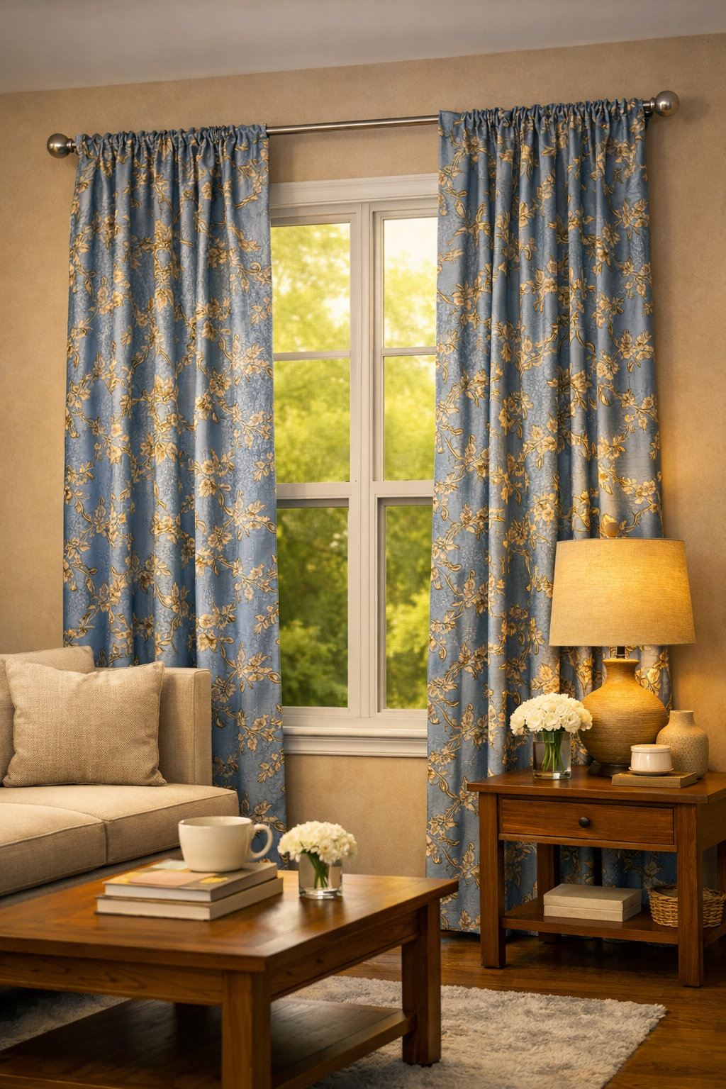 Blue & Gold Floral Curtains 7 ft Long