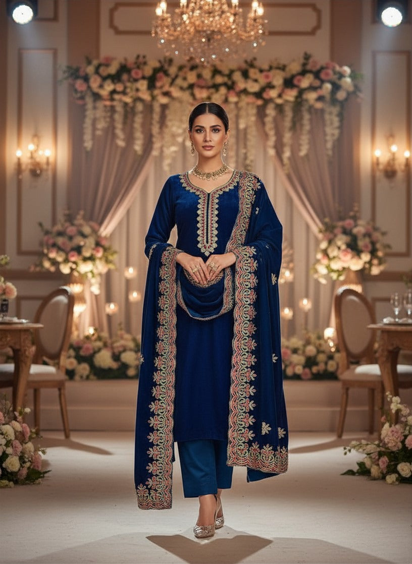 Royal Blue Velvet Embroidered Salwar Suit