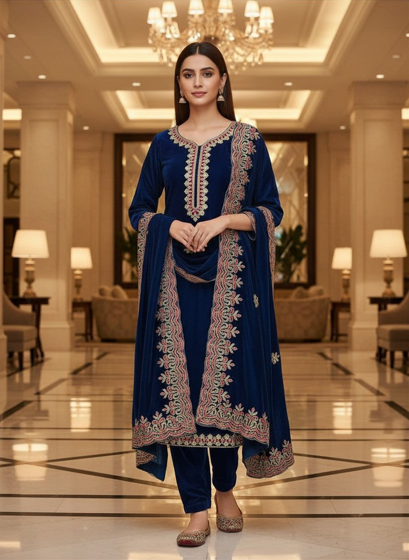 Royal Blue Velvet Embroidered Salwar Suit