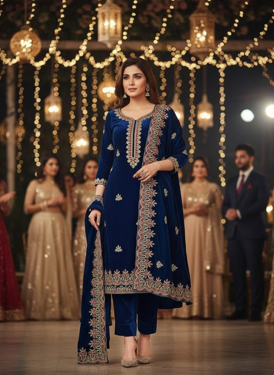 Royal Blue Velvet Embroidered Salwar Suit