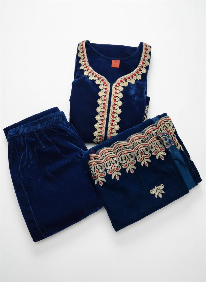 Royal Blue Velvet Embroidered Salwar Suit
