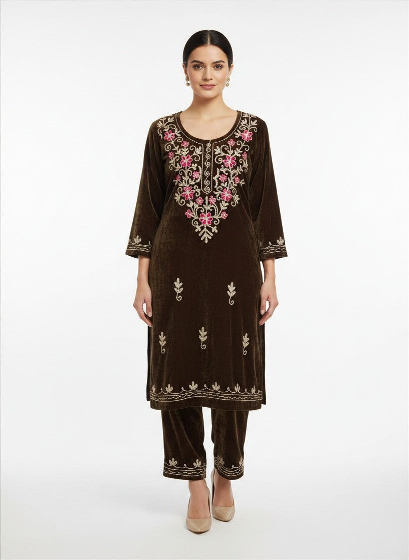 Brown Velvet Embroidered 2‑Piece Salwar Suit for Women