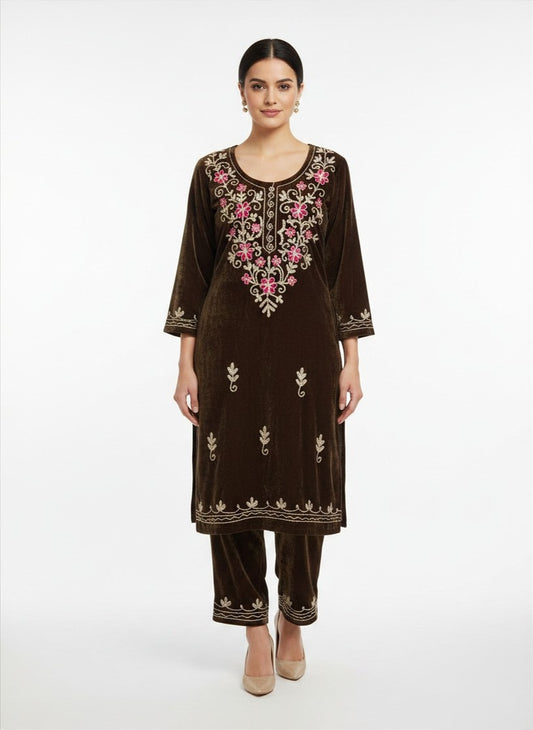 Brown Velvet Embroidered 2‑Piece Salwar Suit for Women