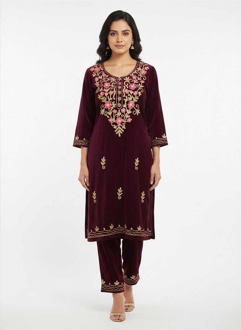 : Maroon Velvet Embroidered Salwar Suit 2 PC SUIT