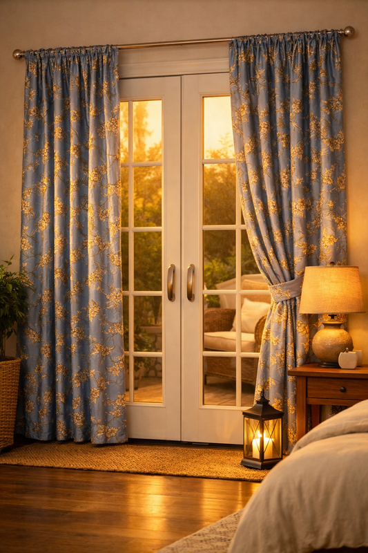Blue & Gold Floral Curtains 7 ft Long