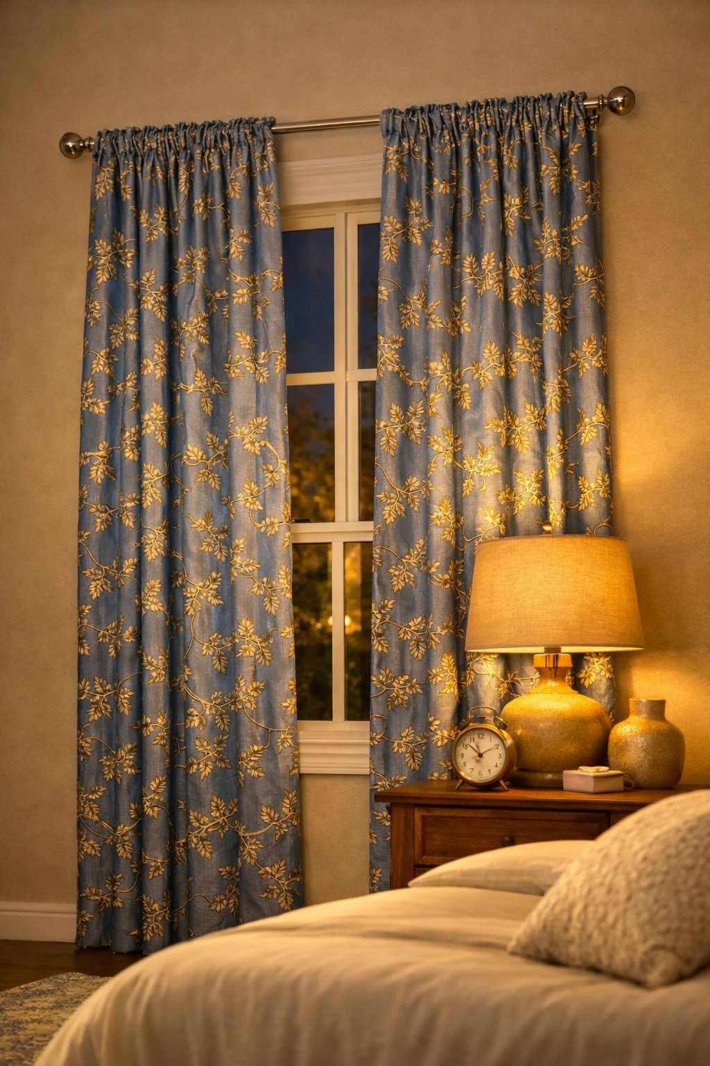 Blue & Gold Floral Curtains 7 ft Long