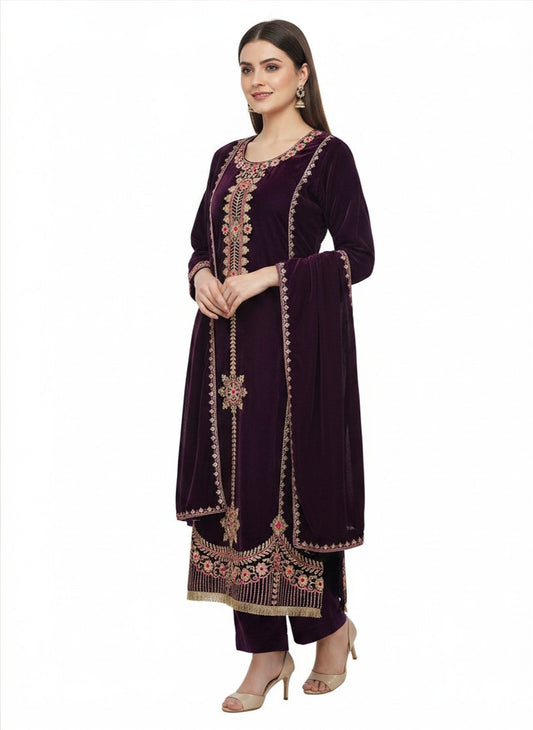 Elegant Royal Purple Velvet Embroidered Salwar Suit