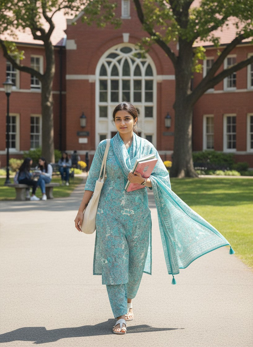 Beautiful Cotton Turquoise/Aqua Blue Salwar-Suit with Intricate Paisley Print for Women