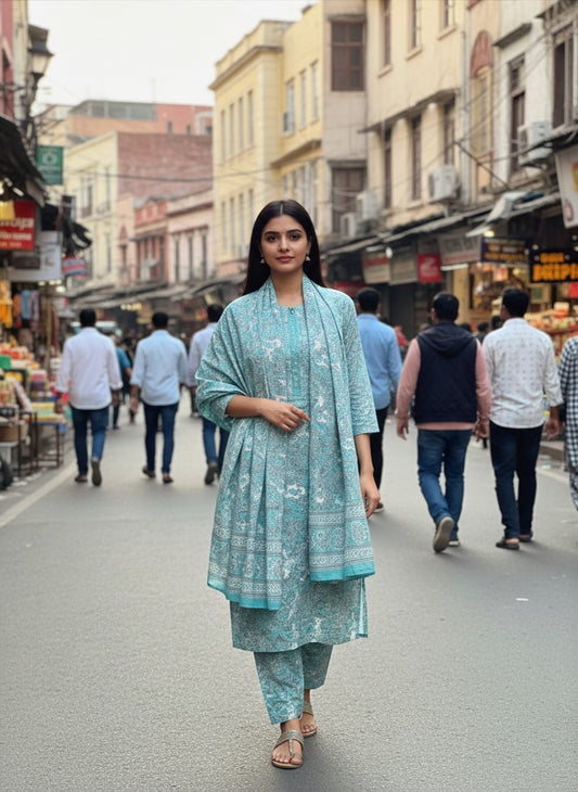 Beautiful Cotton Turquoise/Aqua Blue Salwar-Suit with Intricate Paisley Print for Women