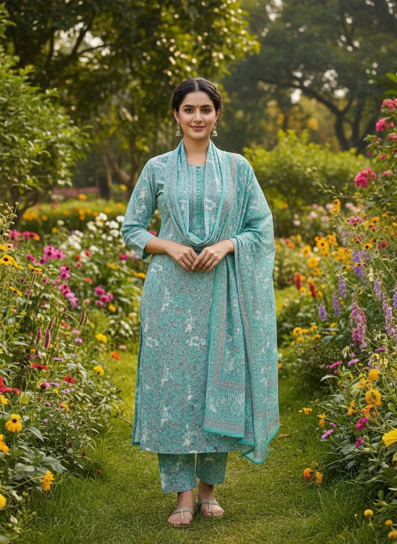 Beautiful Cotton Turquoise/Aqua Blue Salwar-Suit with Intricate Paisley Print for Women