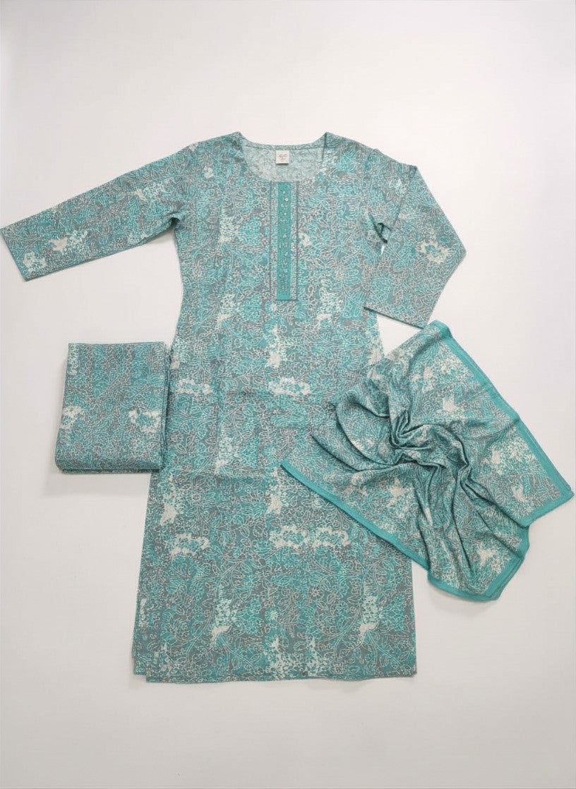 Beautiful Cotton Turquoise/Aqua Blue Salwar-Suit with Intricate Paisley Print for Women