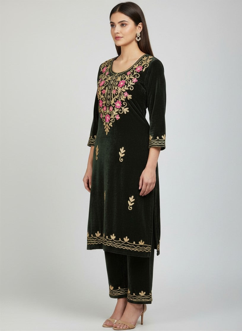 Dark Green Velvet Embroidered Salwar Suit