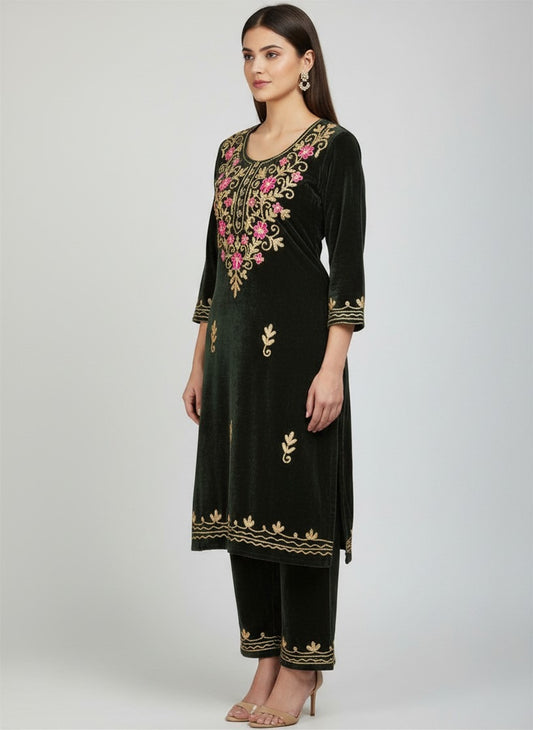 Dark Green Velvet Embroidered Salwar Suit
