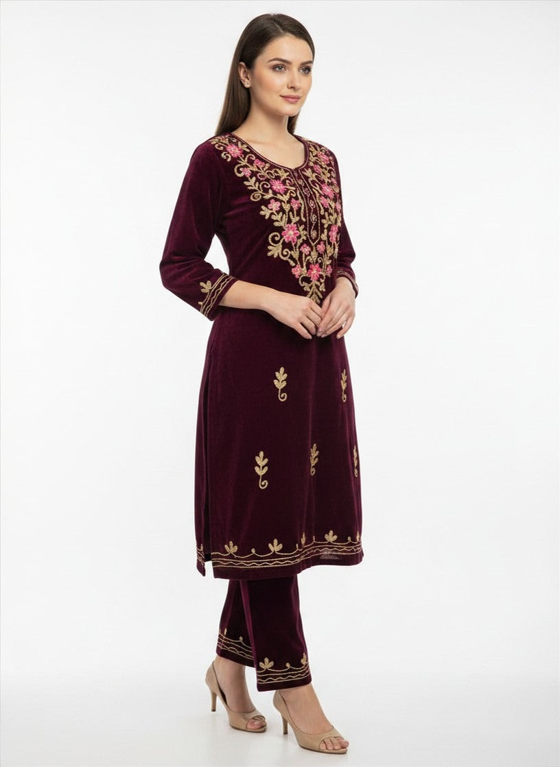 : Maroon Velvet Embroidered Salwar Suit 2 PC SUIT