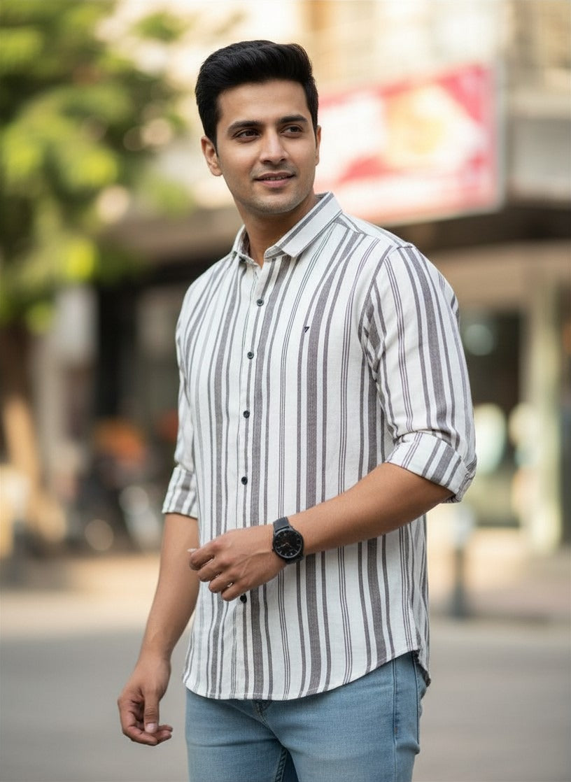 Premium Cotton Gray & White Striped Shirt for MEN Casual/Formal Shirt