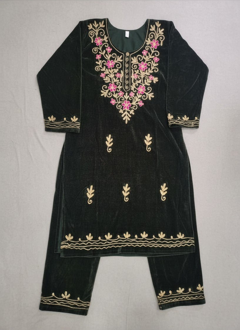 Dark Green Velvet Embroidered Salwar Suit