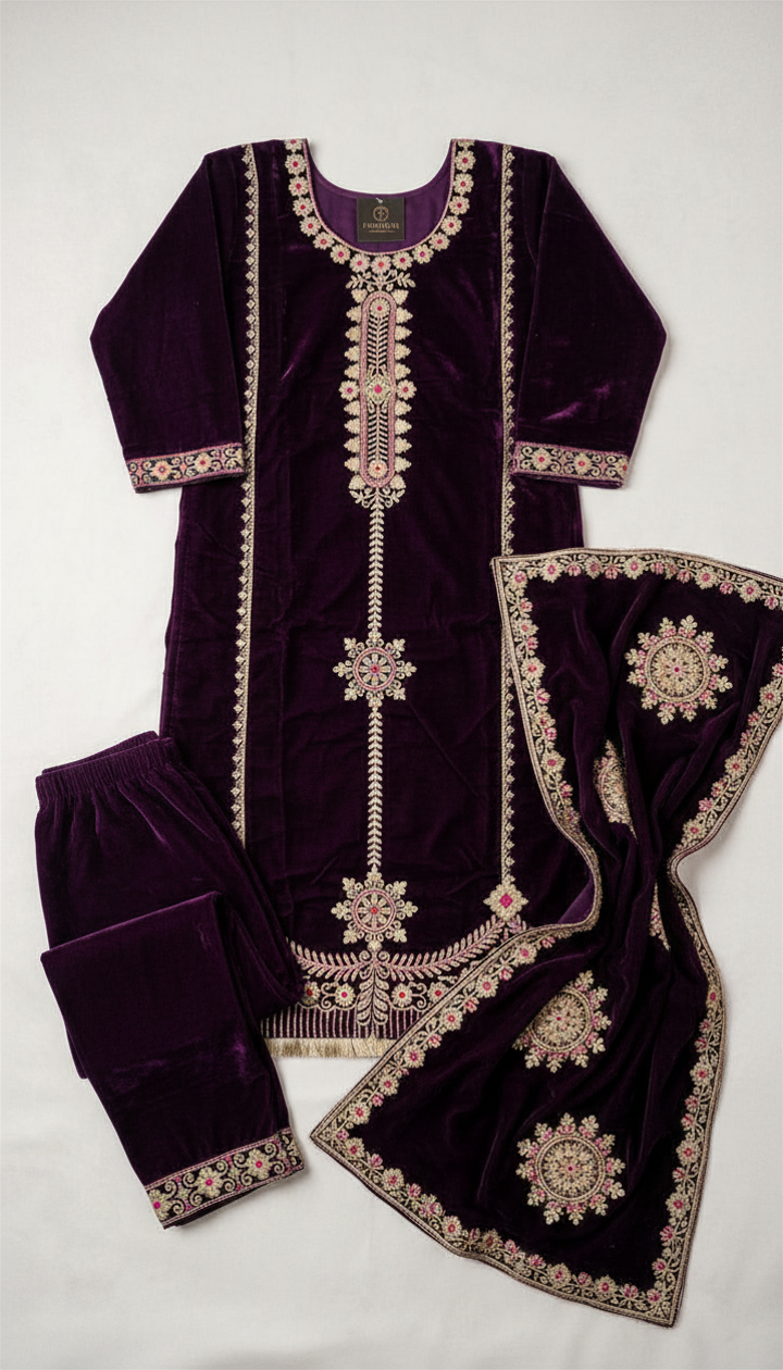 Elegant Royal Purple Velvet Embroidered Salwar Suit