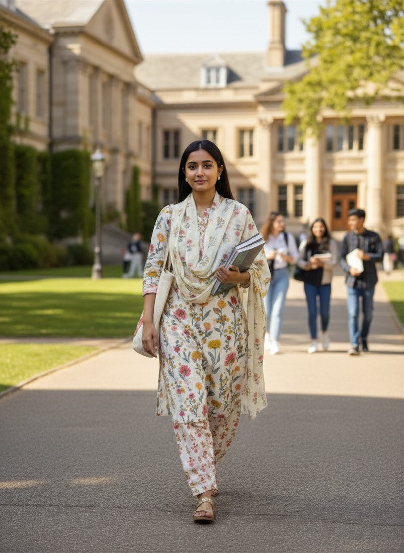Cream Floral Cotton Salwar Suit for Women