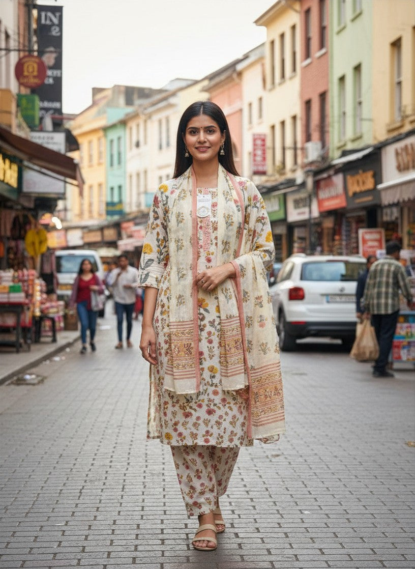 Cream Floral Cotton Salwar Suit for Women