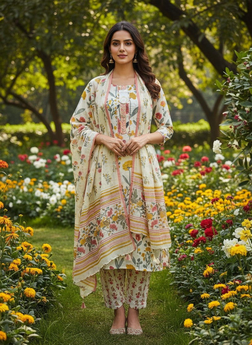 Cream Floral Cotton Salwar Suit for Women