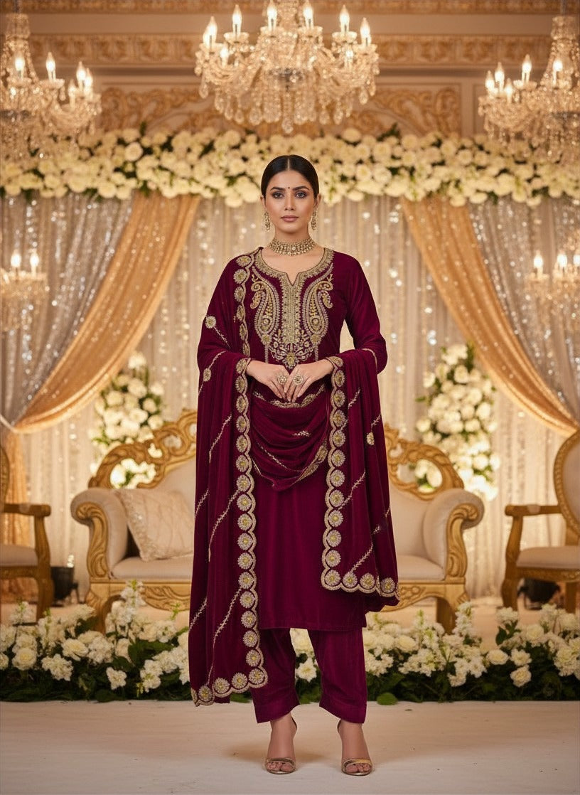 Regal Maroon Velvet Embroidered Salwar Suit For Women