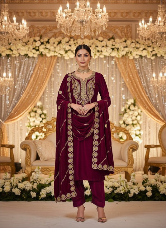 Regal Maroon Velvet Embroidered Salwar Suit For Women