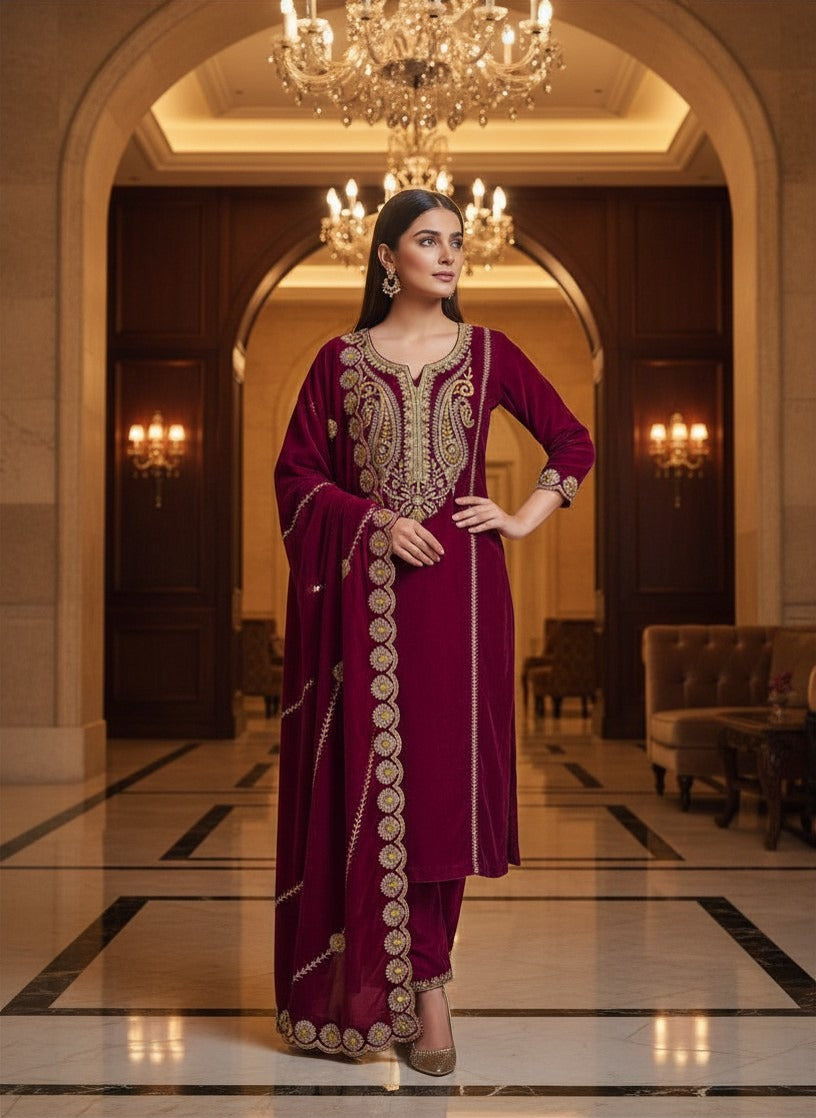 Regal Maroon Velvet Embroidered Salwar Suit For Women