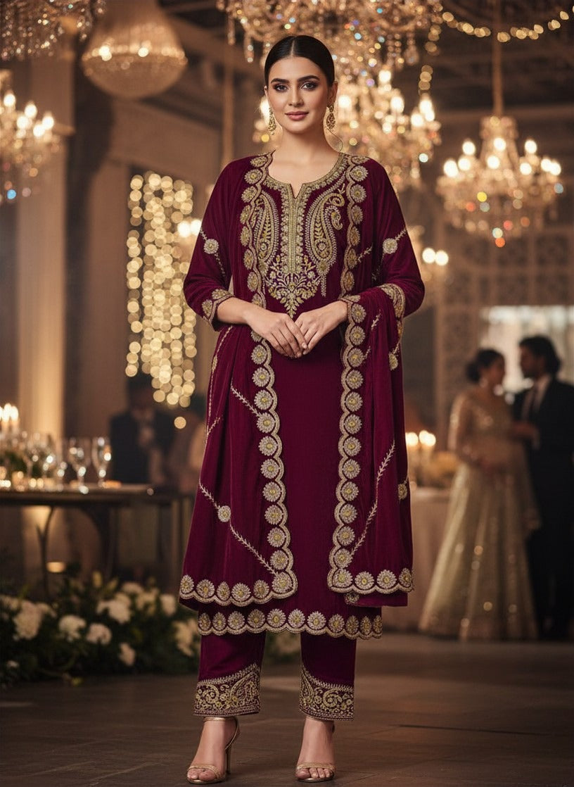 Regal Maroon Velvet Embroidered Salwar Suit For Women