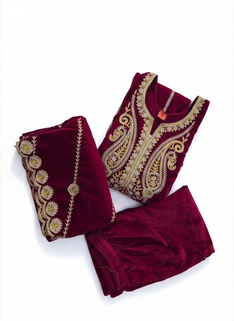 Regal Maroon Velvet Embroidered Salwar Suit For Women