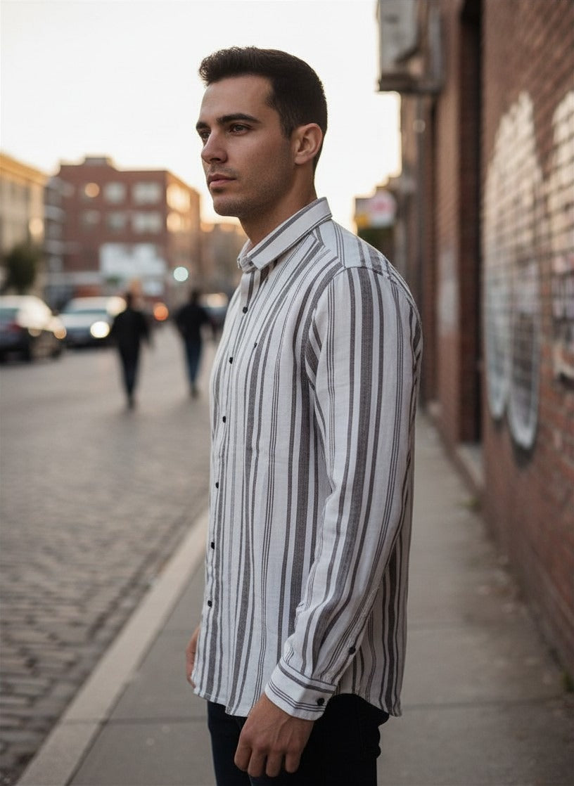 Premium Cotton Gray & White Striped Shirt for MEN Casual/Formal Shirt