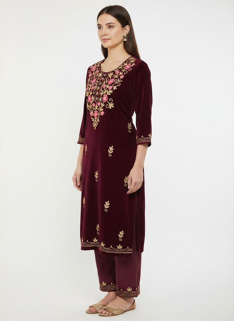 : Maroon Velvet Embroidered Salwar Suit 2 PC SUIT
