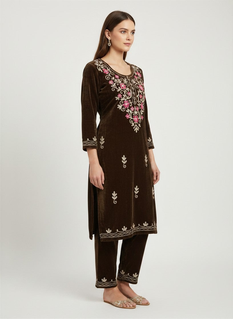 Brown Velvet Embroidered 2‑Piece Salwar Suit for Women