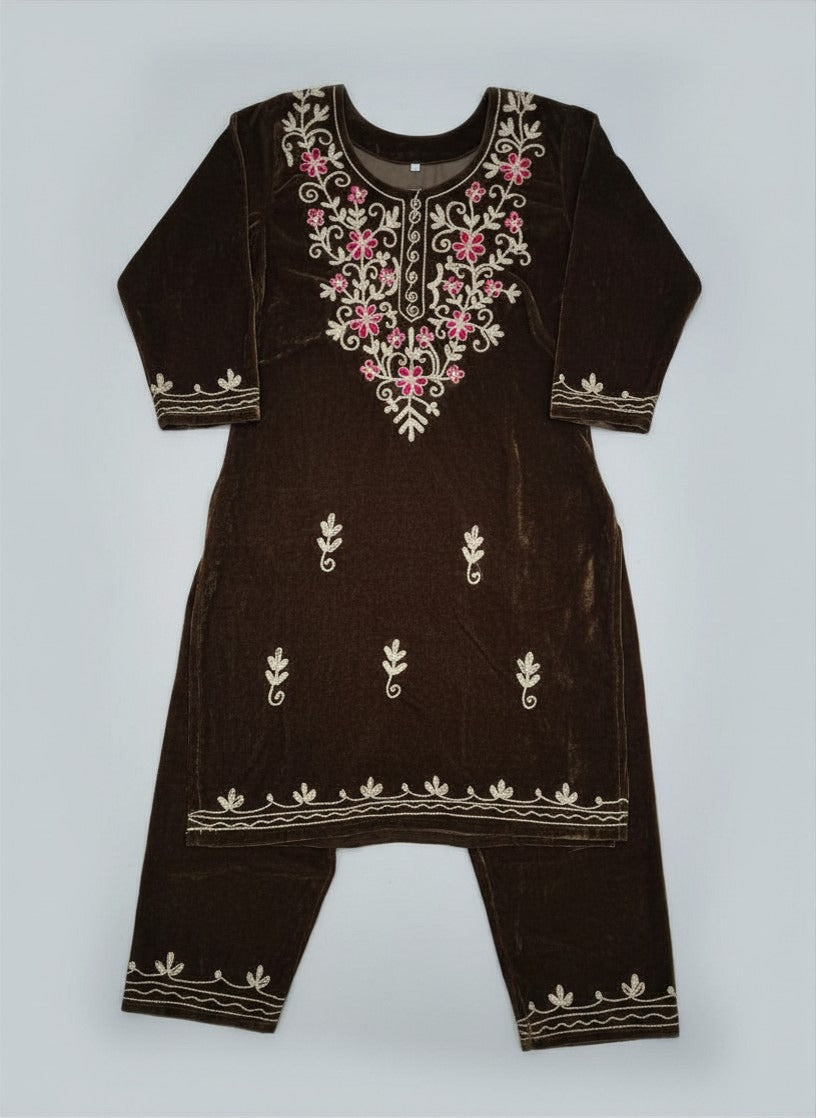 Brown Velvet Embroidered 2‑Piece Salwar Suit for Women