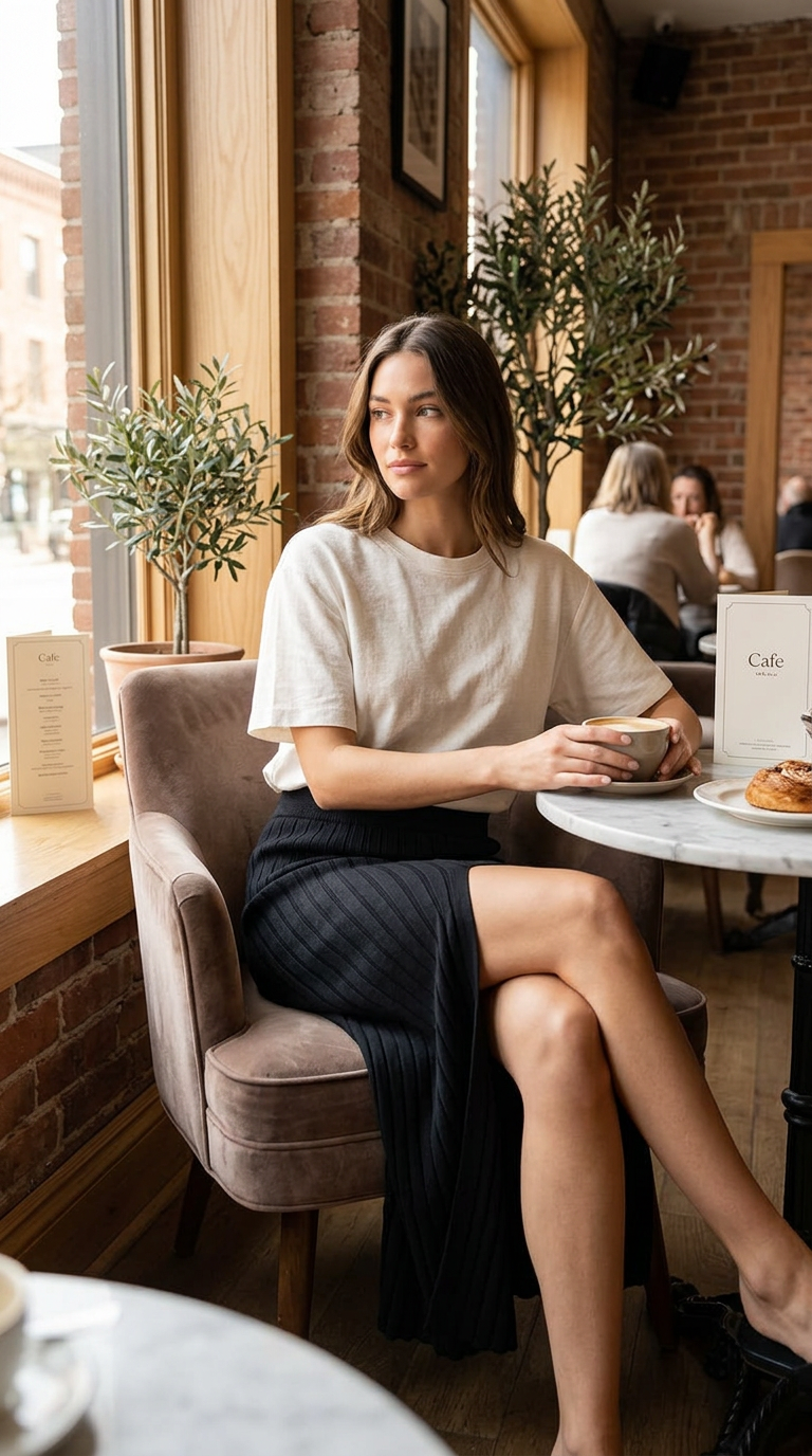 Black Ribbed Knit Midi Skirt
