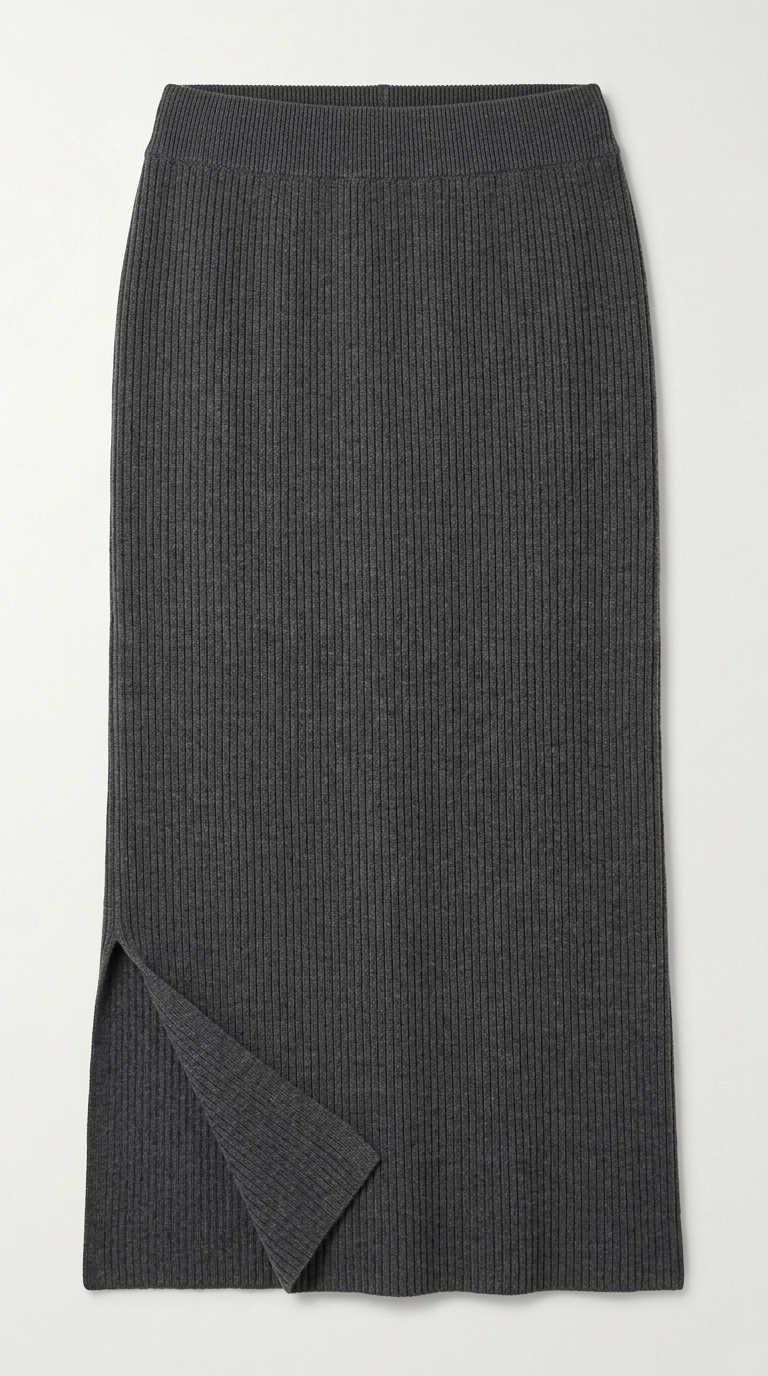 Charcoal Grey Ribbed Knit Skirt with Side Slit.