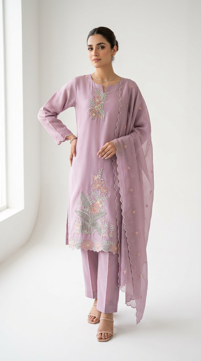 Elegant Pastel Lavender Embroidered Salwar Suite