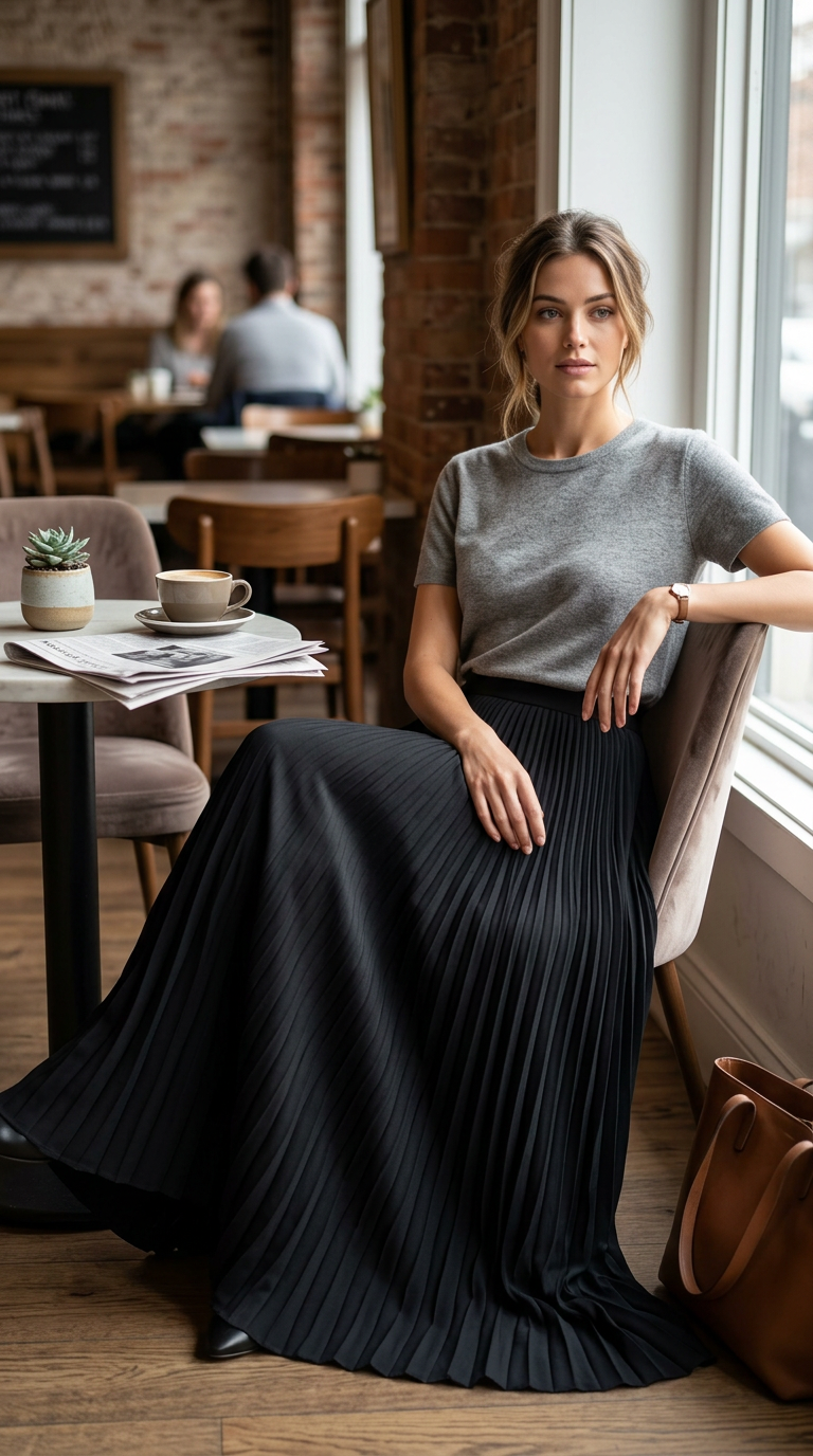 Elegant Black Pleated Maxi Skirt