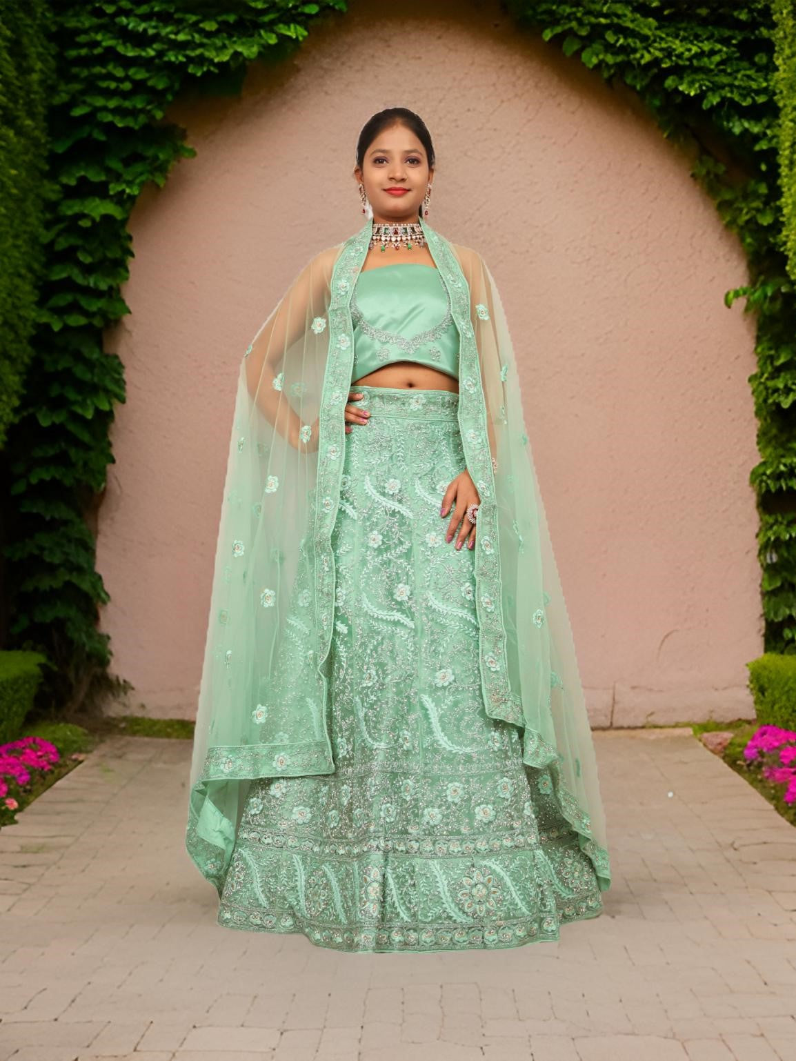 Semi-Stitched Lehenga with American Diamond & Zari Thread Work by Shreekama